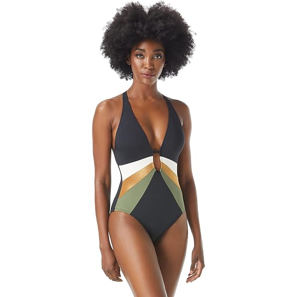 Vince Camuto Gold Shimmer Blocked Punging One-Piece Black 6 at